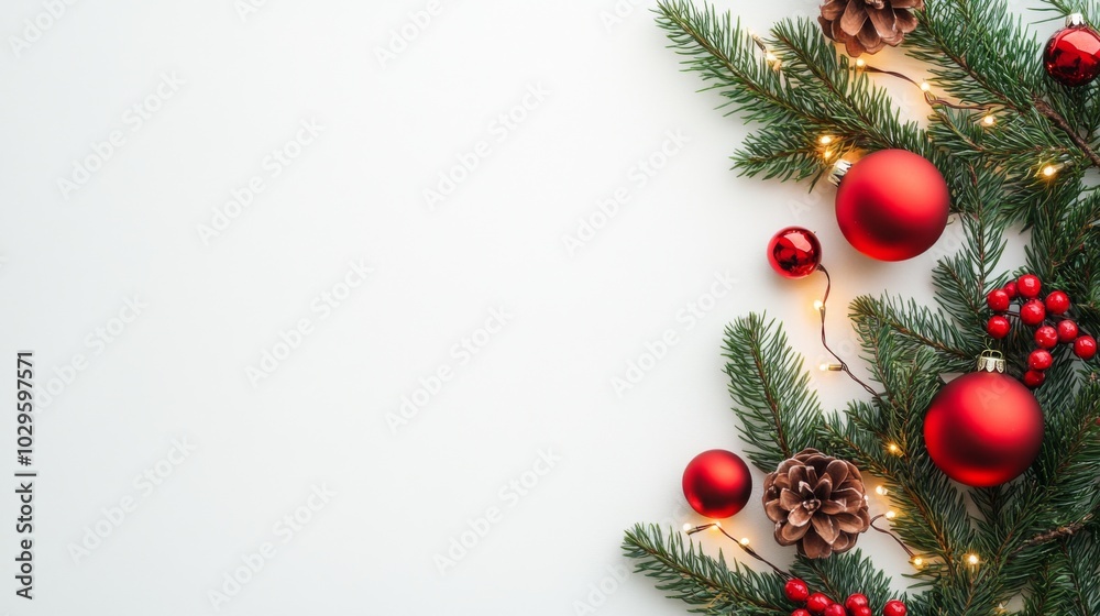 Festive arrangement of red Christmas ornaments and evergreen branches with soft glowing lights, creating a cheerful holiday atmosphere. copy space Festive arrangement of red Christmas ornaments and evergreen branches with soft glowing lights, creating a cheerful holiday atmosphere. copy space