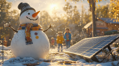 Obraz na płótnie snowman with hat and scarf outdoors in a sustainable and renewable energy park with solar panels during winter season, caring for the environment w salonie