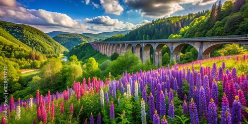 Stunning View of Veronica Flowers with Novina Trail Viaduct in Krytofovo Dol - Nature Photography photo