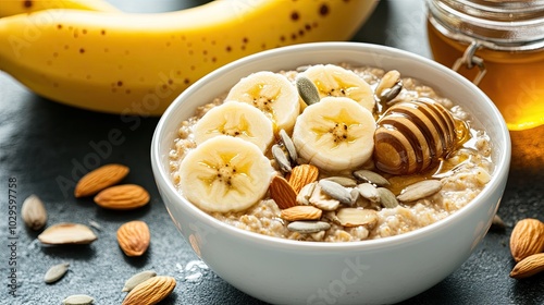 A bowl of oatmeal with banana, honey, and almonds. It’s a healthy and delicious breakfast option for those who want a nutritious start to their day.