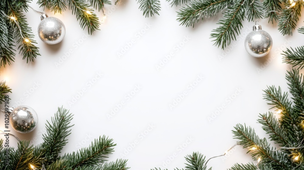 Festive frame of silver ornaments and green pine branches, ideal for holiday greetings or seasonal decorations. Festive frame of silver ornaments and green pine branches, ideal for holiday greetings or seasonal decorations.