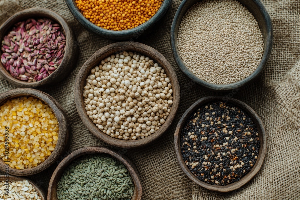 Assortment of various seeds in bowls. Perfect for illustrating healthy eating, cooking, or food blogs. Assortment of various seeds in bowls. Perfect for illustrating healthy eating, cooking, or food blogs.