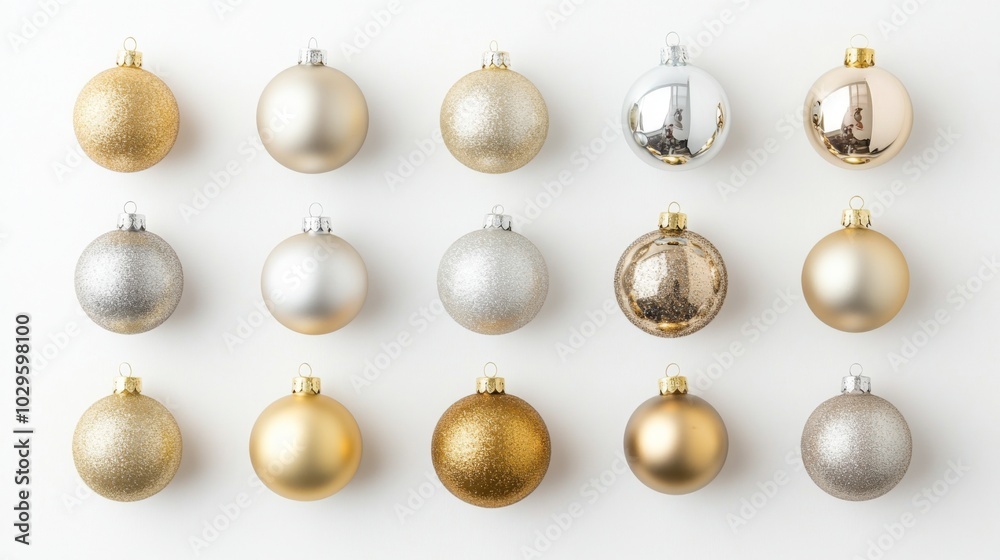 Decorative Christmas ornaments in gold, silver, and white colors arranged in a grid. Decorative Christmas ornaments in gold, silver, and white colors arranged in a grid.