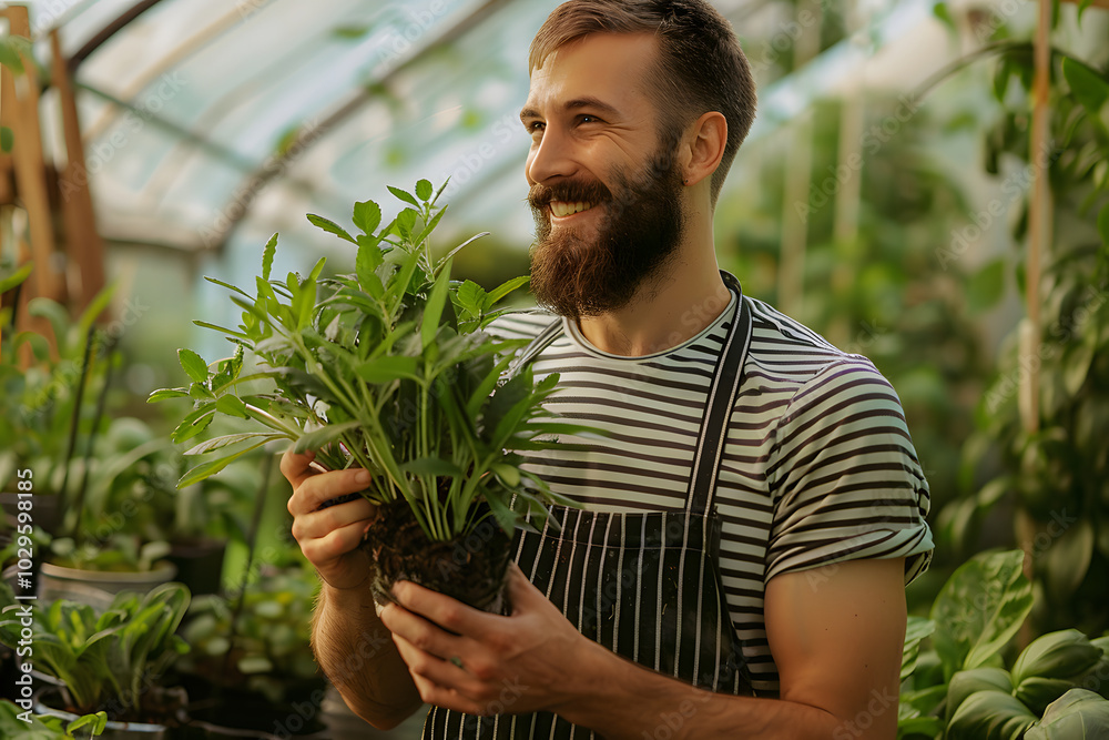 Obraz premium Happy gardener holding a plant smiling in a greenhouse