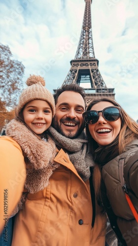 Family Taking Selfie at Famous Landmark. Capturing Travel Memories.