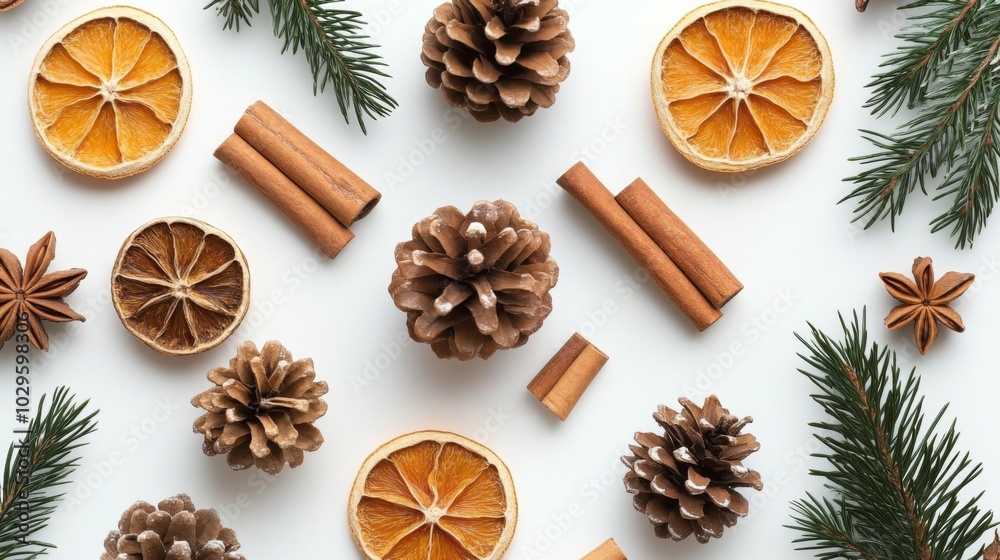 Visually appealing arrangement of pinecones, dried fruit, cinnamon sticks, and evergreen sprigs on a white background. Visually appealing arrangement of pinecones, dried fruit, cinnamon sticks, and evergreen sprigs on a white background.
