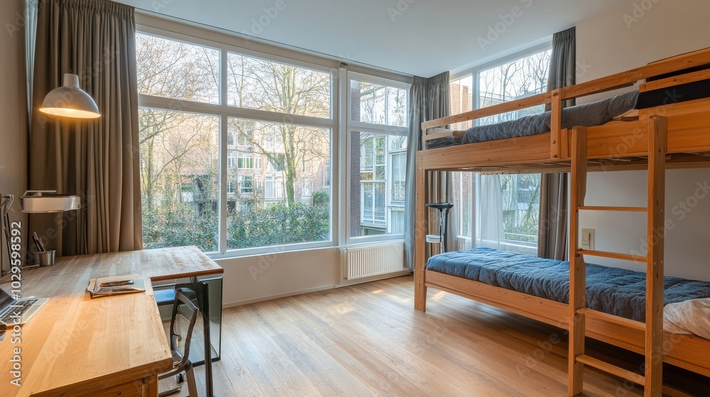 A cozy, well-lit bedroom with a bunk bed and workspace, ideal for studying or relaxing. A cozy, well-lit bedroom with a bunk bed and workspace, ideal for studying or relaxing.
