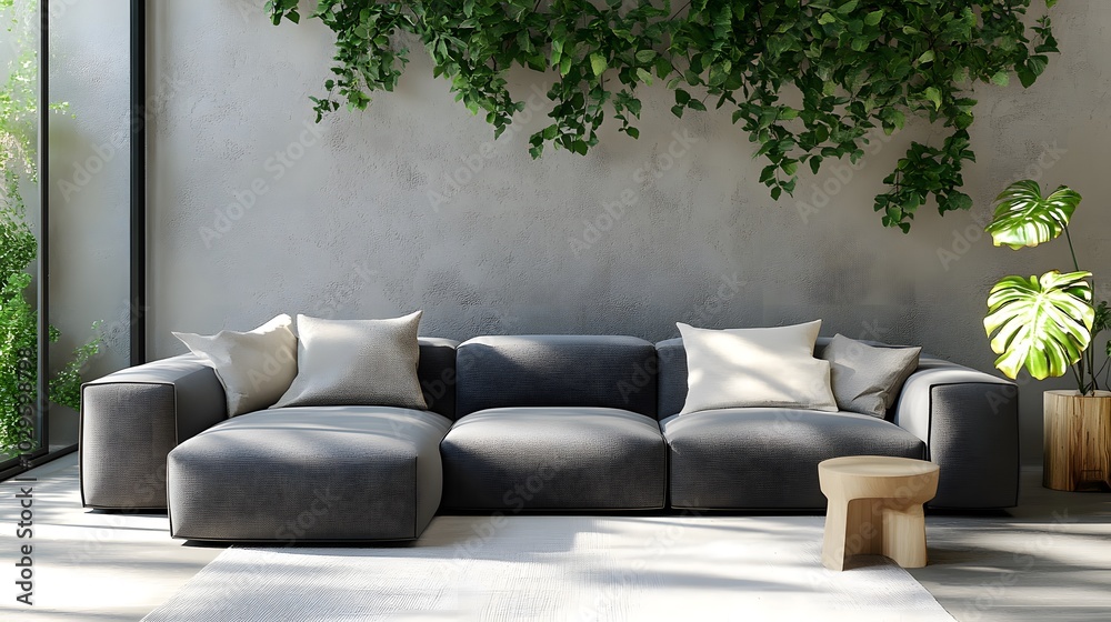 Modern Sectional Sofa with Wooden Stool and Greenery Modern Sectional Sofa with Wooden Stool and Greenery