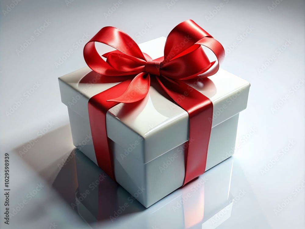 Obraz premium Stylish White Gift Box with Red Ribbon on Seamless White Background - Perfect for Celebrations and Special Occasions