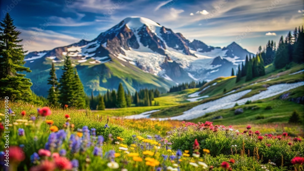 Fototapeta premium Summer Alpine Landscape with Snow-Capped Mountains: A Candid Photography Perspective