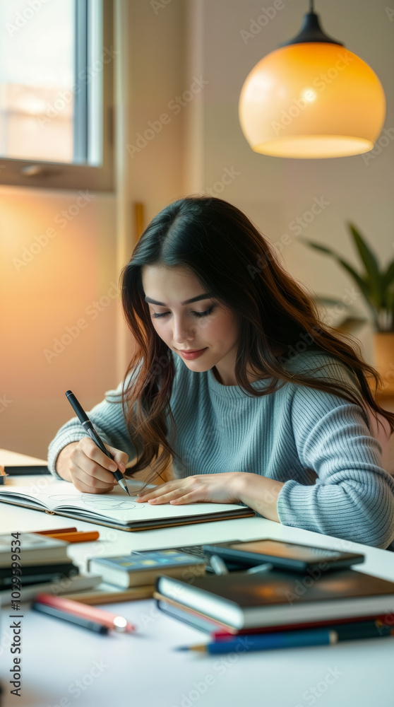 A young woman focused on her sketching in a cozy workspace, surrounded by notebooks and stationery. Ideal for promoting creativity, study tips, and artistic endeavors A young woman focused on her sketching in a cozy workspace, surrounded by notebooks and stationery. Ideal for promoting creativity, study tips, and artistic endeavors