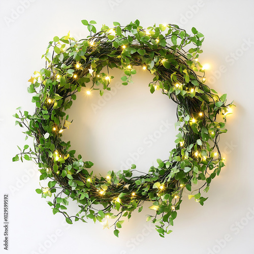 A decorative green wreath with fairy lights hanging on a white wall, perfect for home decor during festive seasons photo