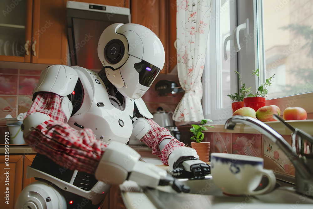 White humanoid robot doing the dishes in a kitchen wearing a red checkered shirt