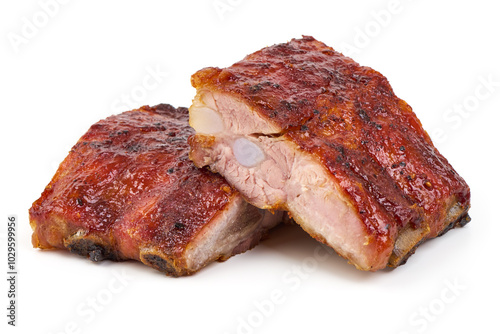 Raw pork ribs pieces isolated on white background.