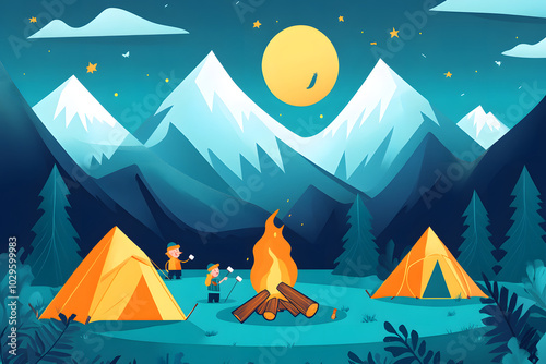 A playful flat design of a camping scene in the mountains, with tents, a campfire, and characters roasting marshmallows 