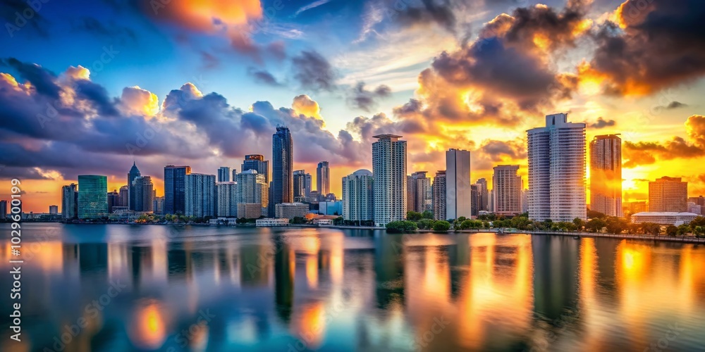 Obraz premium Sunrise Over Miami Skyline: Stunning Tilt-Shift Cityscape Photography