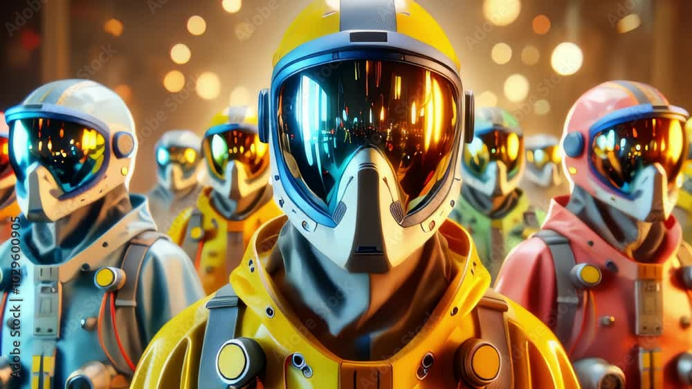 Futuristic Astronaut Crew in Vibrant Spacesuits Against a Bokeh Light Background Futuristic Astronaut Crew in Vibrant Spacesuits Against a Bokeh Light Background