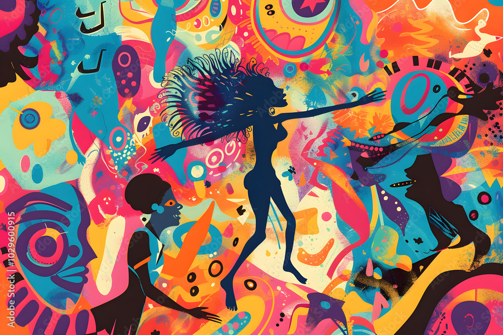 People dancing together in colorful abstract party background People dancing together in colorful abstract party background
