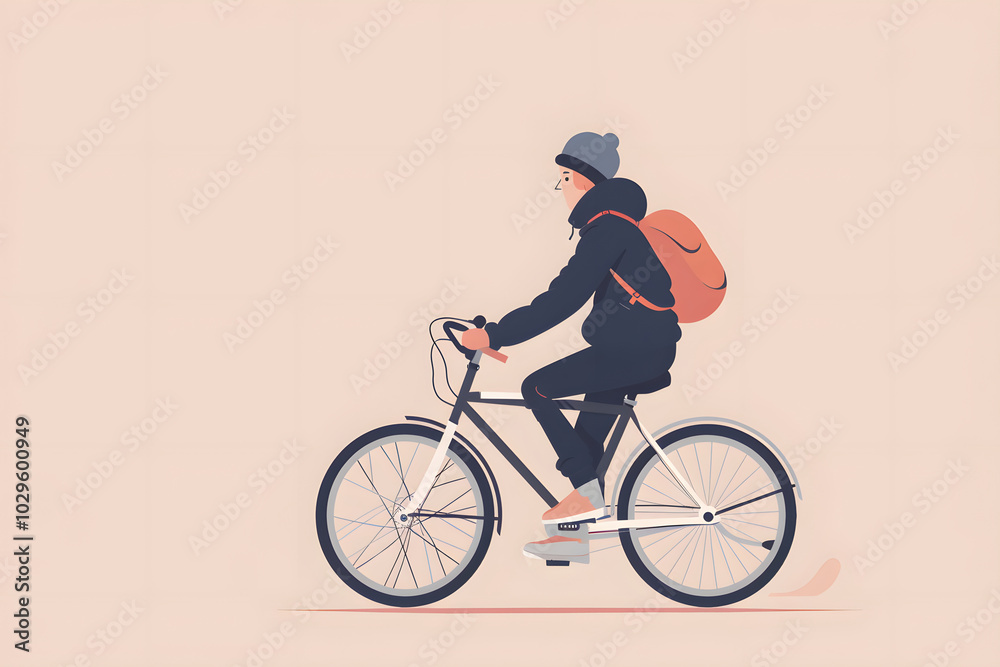 Fototapeta premium Young man riding bicycle with backpack on his way to work
