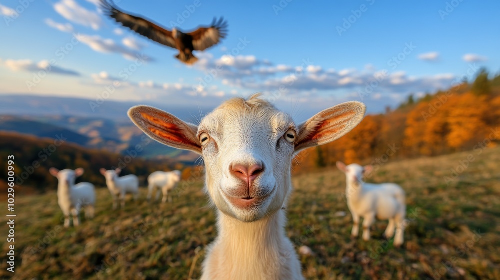 Fototapeta premium Goat smiling in a scenic meadow with an eagle soaring above, AI