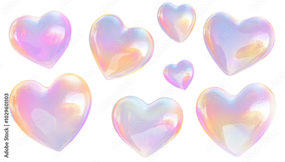 A set of heart shaped, translucent soap bubbles with iridescent reflections, floating in various sizes, isolated on transparent background A set of heart shaped, translucent soap bubbles with iridescent reflections, floating in various sizes, isolated on transparent background