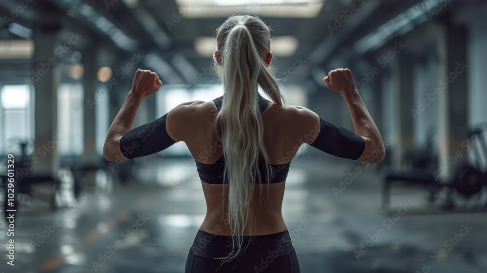 A fit individual with long hair stands confidently in a gym, showcasing strength and determination. A fit individual with long hair stands confidently in a gym, showcasing strength and determination.