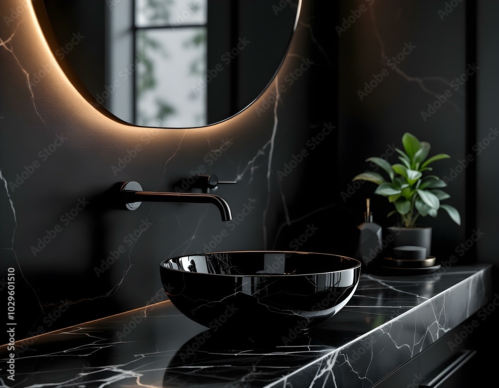 Elegant Black Bathroom Interior with Glossy Washbasin and Warm Ambient Lighting Elegant Black Bathroom Interior with Glossy Washbasin and Warm Ambient Lighting