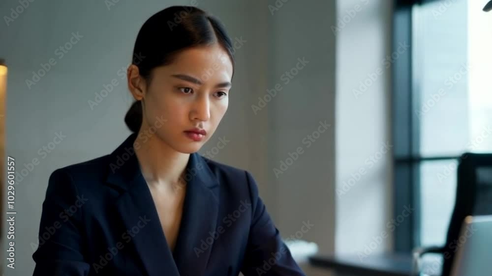 A young Asian woman and a serious expression, wearing a tailored navy blazer and pencil skirt, sits at a modern office desk. She is reviewing detailed sales charts, her eyes intensely focused. A young Asian woman and a serious expression, wearing a tailored navy blazer and pencil skirt, sits at a modern office desk. She is reviewing detailed sales charts, her eyes intensely focused.