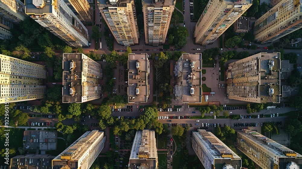 Fototapeta premium Aerial View of an Urban Neighborhood with Buildings and Greenery