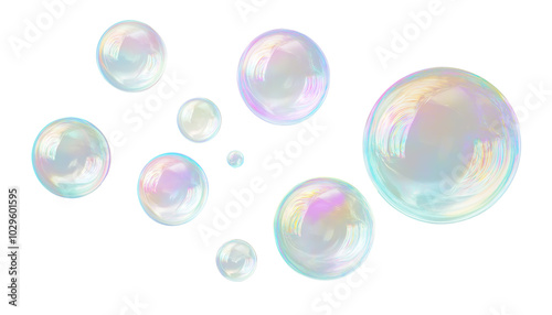 A set of round, translucent soap bubbles with iridescent reflections, floating in various sizes, isolated on a transparent background