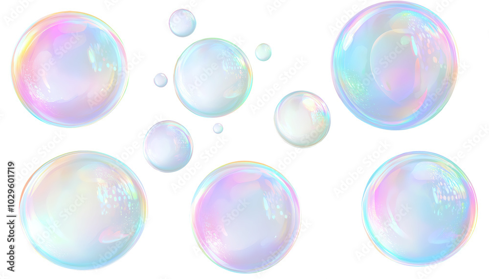 A set of round, translucent soap bubbles with iridescent reflections, floating in various sizes, isolated on a transparent background