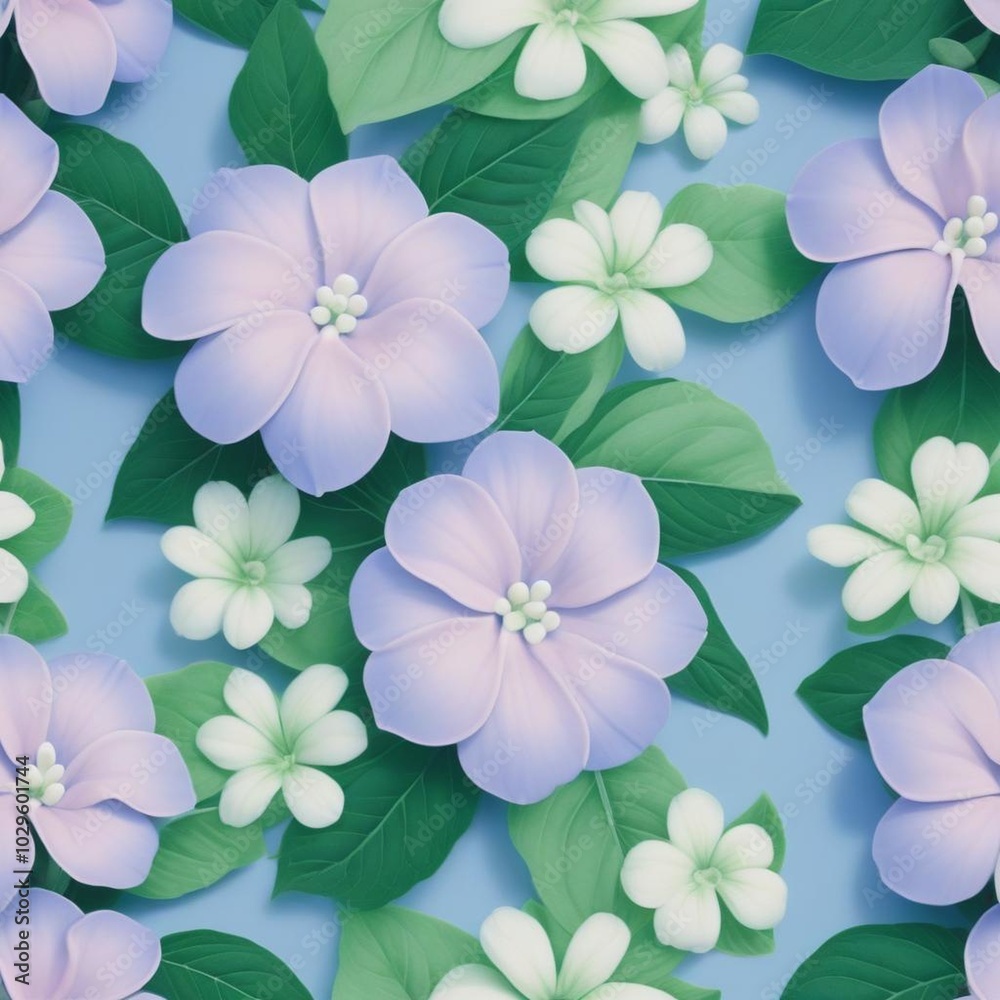 Obraz premium Photorealistic Horizontal Floral Pattern in Periwinkle Blue with White Flowers and Green Accents