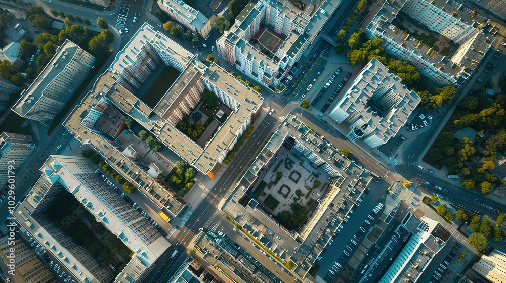 Aerial View of a City Block with Buildings and Green Spaces Aerial View of a City Block with Buildings and Green Spaces