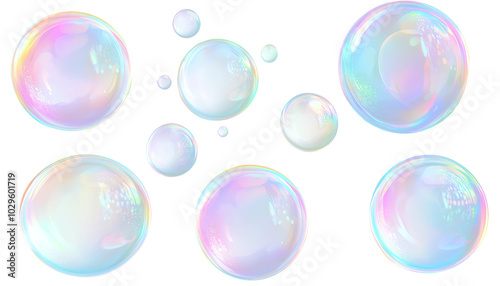 A set of round, translucent soap bubbles with iridescent reflections, floating in various sizes, isolated on a transparent background