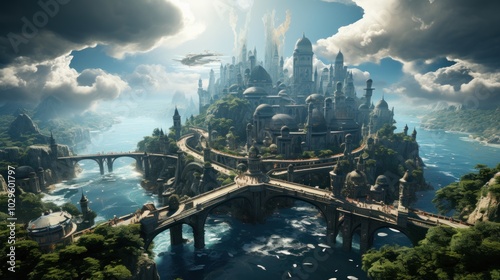 Fantasy Cityscape with Bridges and Clouds