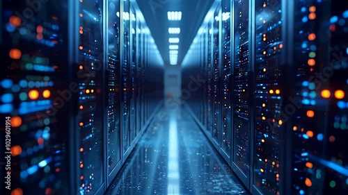Data center hallway, database terminal storage, hardware server room, network cloud computing