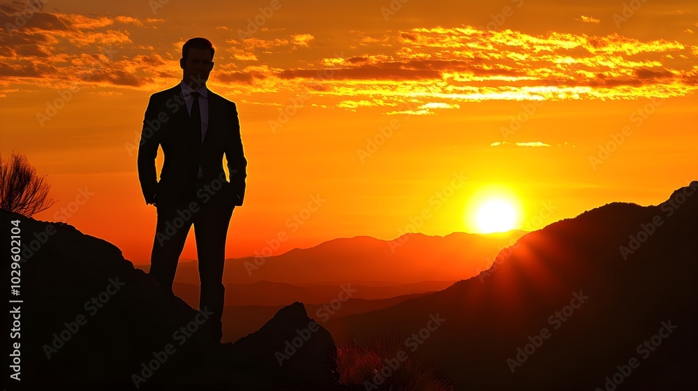 Uplifting Businessman Silhouette at Sunset Uplifting Businessman Silhouette at Sunset