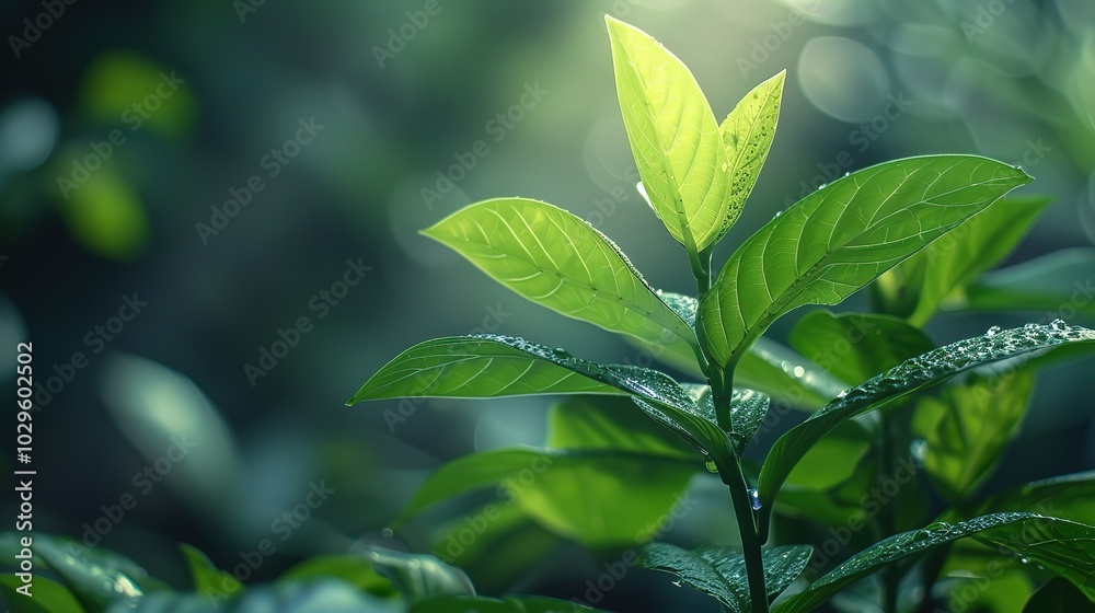 Green leaves with morning dew. . Green leaves with morning dew. .