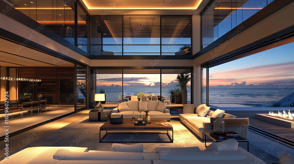 Modern Living Room with Ocean View at Dusk Modern Living Room with Ocean View at Dusk