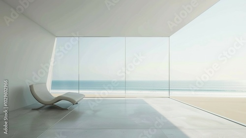 A White Lounge Chair Facing an Ocean View Through a Floor-to-Ceiling Window