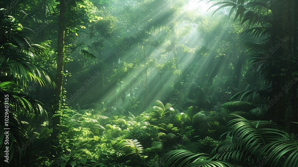 Sunlight pierces through a dense, lush jungle canopy. . Sunlight pierces through a dense, lush jungle canopy. .