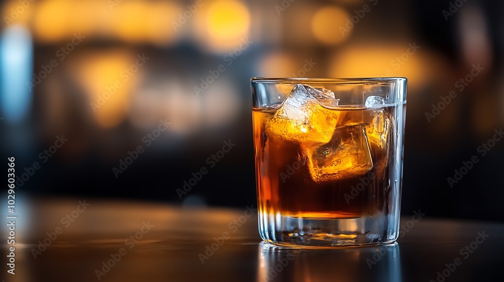 Whiskey with ice in glass on wooden bar Whiskey with ice in glass on wooden bar