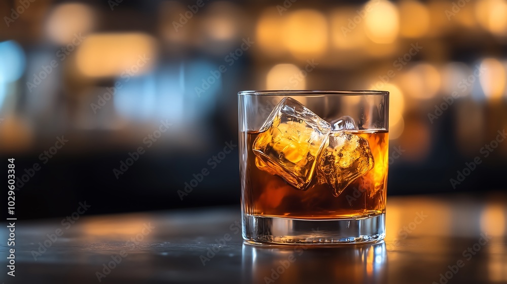 Whiskey with ice in glass on wooden bar Whiskey with ice in glass on wooden bar