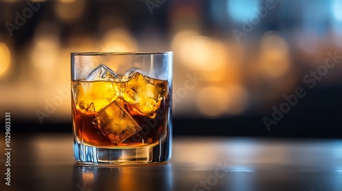 Whiskey with ice in glass on wooden bar 