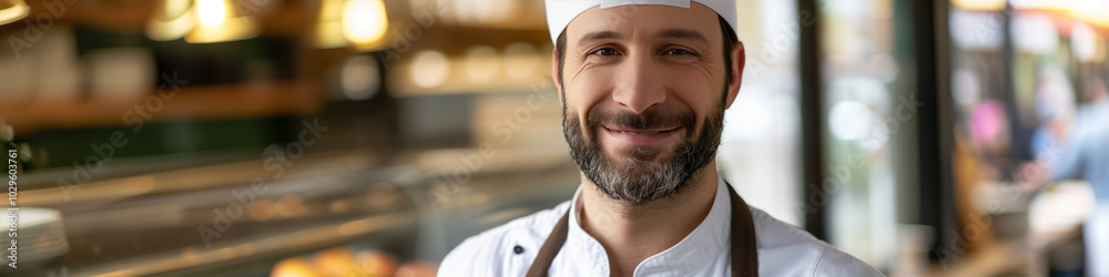 rofessional Chef Smiling in a Modern Cafe Kitchen - Hospitality Industry Stock Photograph rofessional Chef Smiling in a Modern Cafe Kitchen - Hospitality Industry Stock Photograph