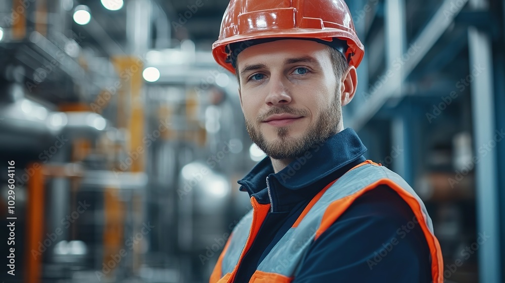 A construction worker looks directly at the camera, wearing a hardhat and safety vest. A construction worker looks directly at the camera, wearing a hardhat and safety vest.
