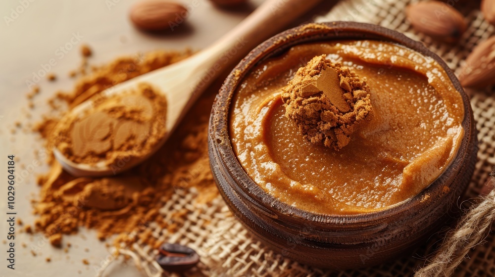 A jar of creamy almond butter with a wooden spoon, surrounded by almonds and natural textures. A jar of creamy almond butter with a wooden spoon, surrounded by almonds and natural textures.