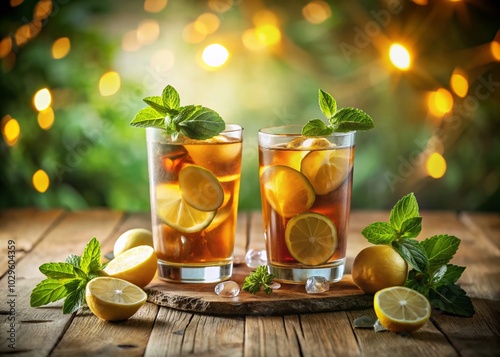 Surreal Southern Style Iced Sweet Tea on Rustic Wooden Table – Refreshing Summer Beverage Photography