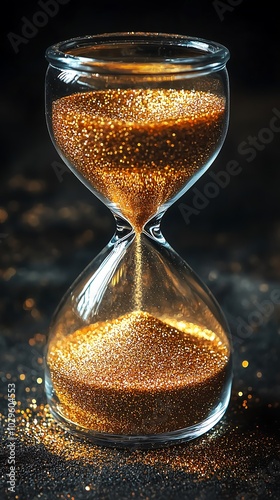 Hourglass with golden sand on dark background 