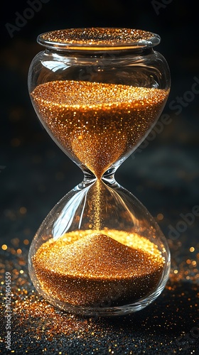 Hourglass with golden sand on dark background 